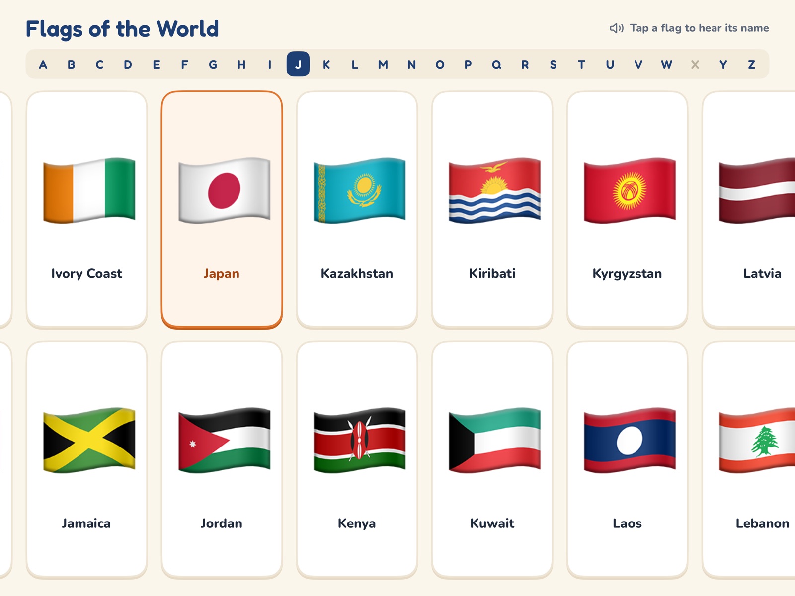 The Japan card highlighted in orange after being tapped