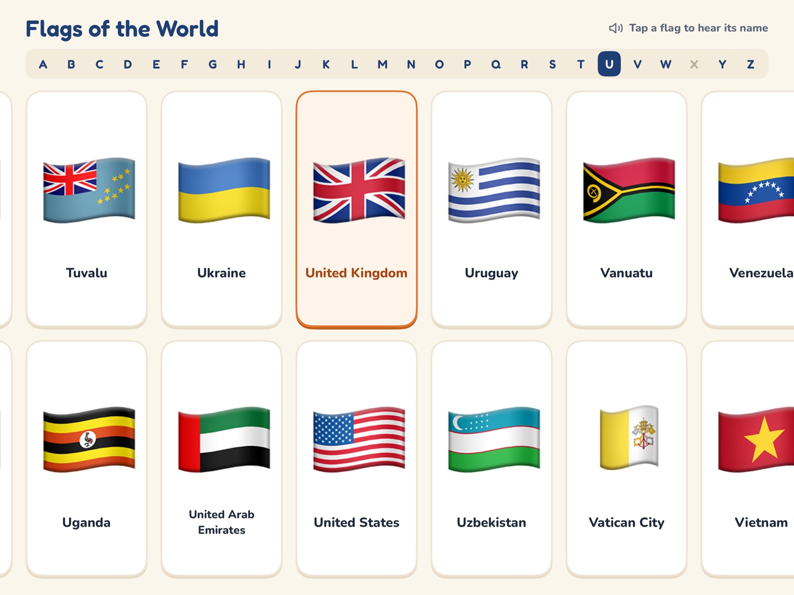 The United Kingdom card highlighted, next to Ukraine, Uruguay and the United States